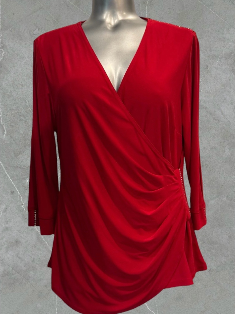 2 for $30 | Red Draped Surplice Top with Rhinestones Embellishments